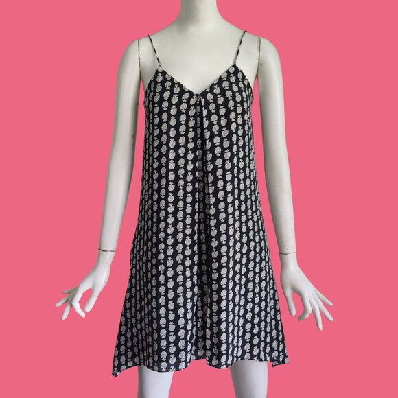 Madewell Boho Silk Trapeze Slip Dress Black Cream Bloomstamp Floral Print Sz XS - Picture 1 of 10